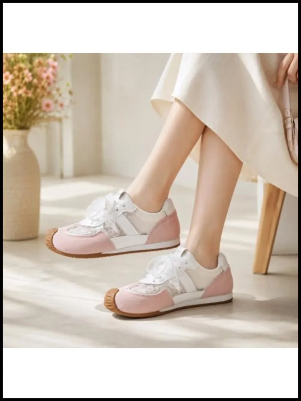 Lace Sneakers with Pearl Bow Detachable Non Slip Memory Foam Casual